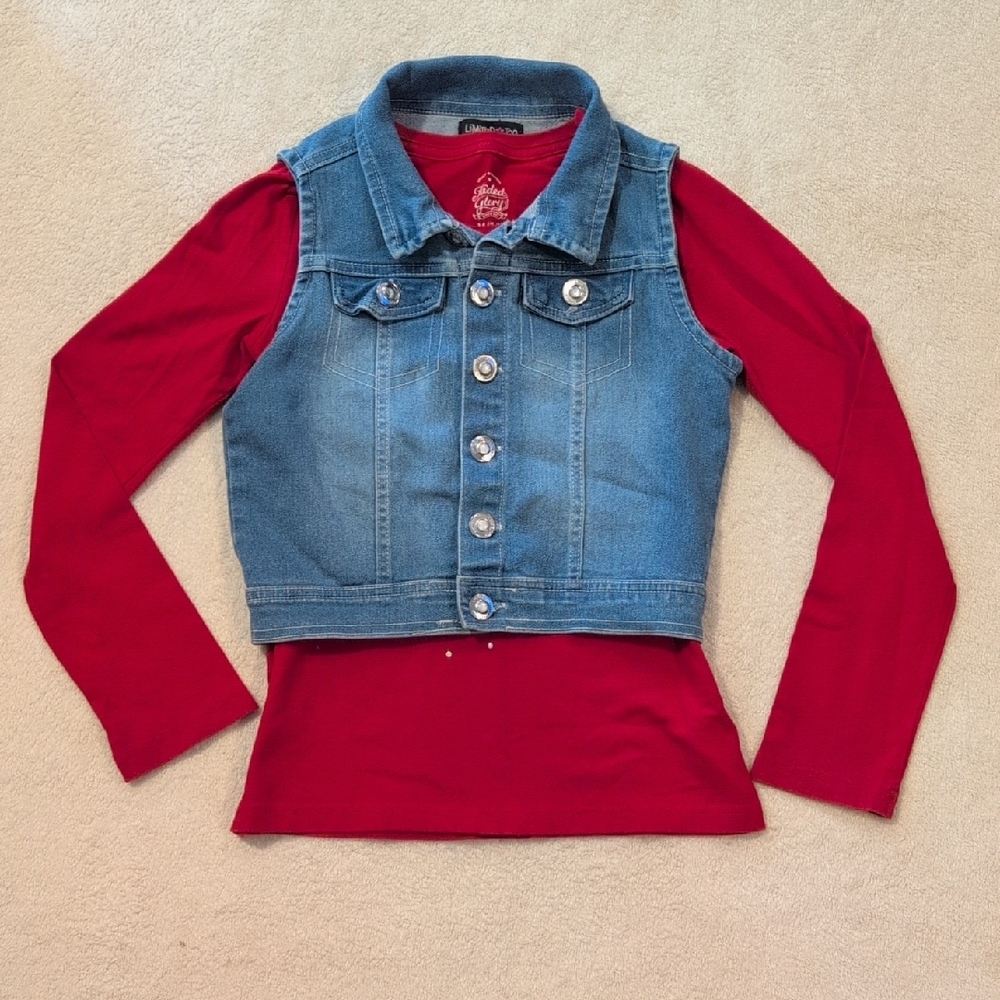 Girls Outfit Bundle Limited Too Denim Vest & Red Heart Shirt 7/8